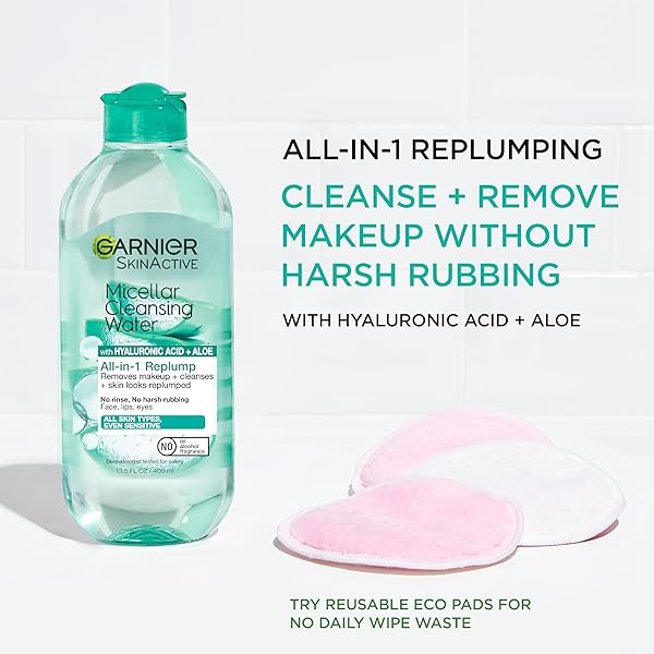 GARNIER MICELLAR WATER WITH HYALURONIC ACID, FACIAL CLEANSER & MAKEUP REMOVER, HYDRATING AND PLUMPING, FOR ALL SKIN TYPES, VEGAN, CRUELTY FREE, 13.5 FL OZ (400ML), 1 COUNT