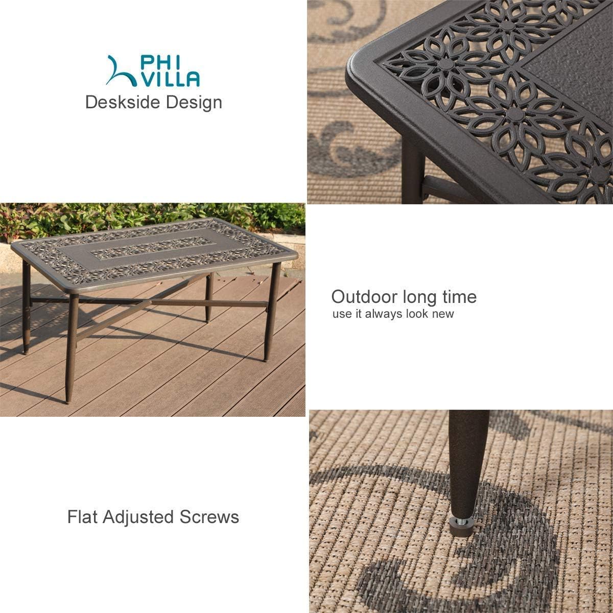 PHI VILLA 38.6" x 23" Outdoor Furniture Patio Retro Tea Dining Table Cast Aluminum Rectangular Elegant Bistro Coffee Table, Dark Brown: Garden & Outdoor