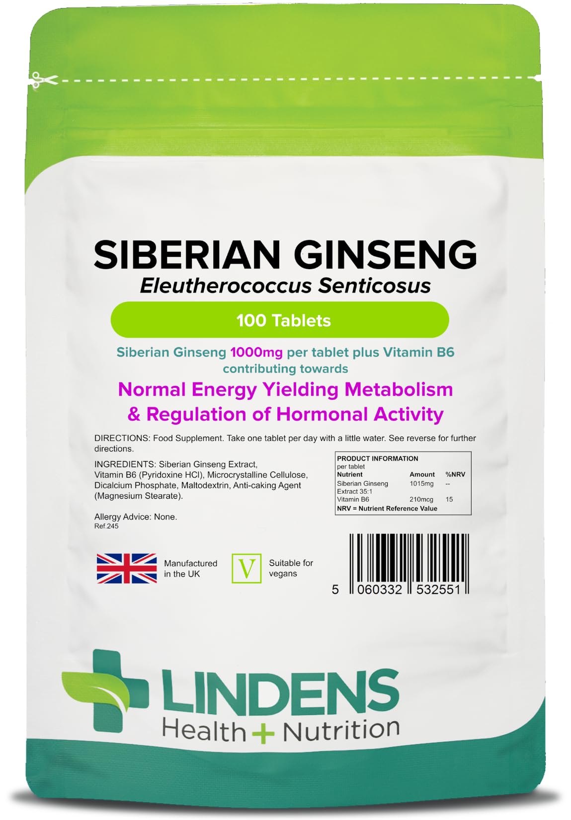 Lindens - Siberian Ginseng 1000mg - 100 Tablets - UK Made - High Potent Extract, for Normal Energy Yielding Metabolism & Regulation of Hormonal Activity - Letterbox Friendly, Vegan