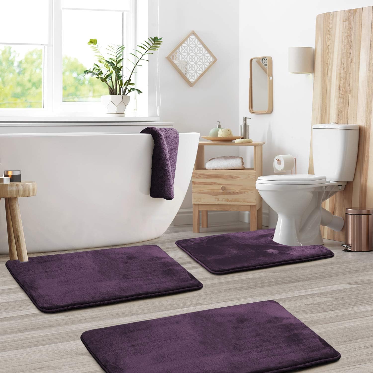 Amazon Com Clara Clark 3 Pack Bath Mat Set Large Small And Contour Bathroom Rug Set Absorbent Memory Foam Bath Rugs Non Slip Thick Velvet Microfiber Bathrug Plush Shower Toilet Bathmats Carpet Purple Home