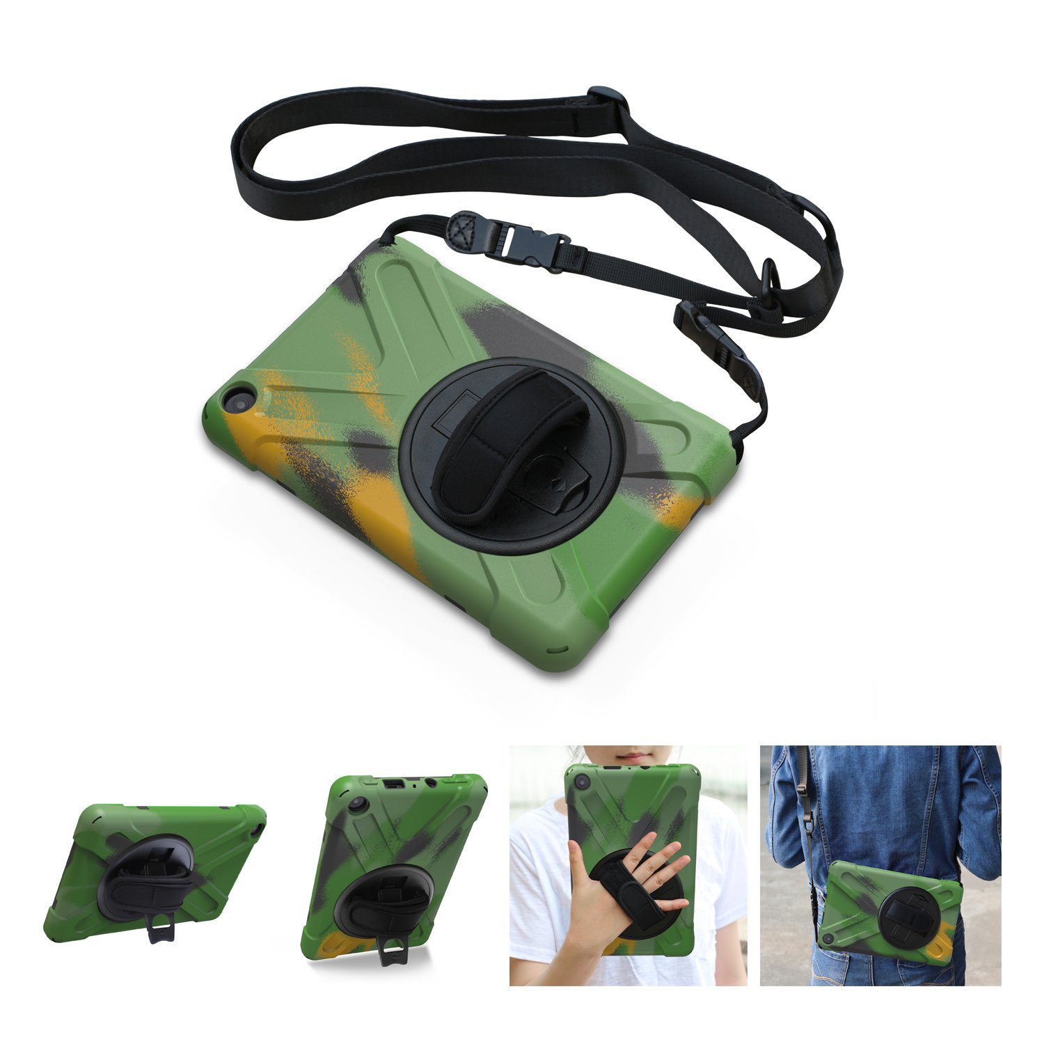 Ausmix Fire HD 8 Tablet Case 8th Gen 2018, Case for Fire 8" HD Display 7th/6th Gen 2017/2016, Hand Holder 360 Degree Swivel Heavy Duty Shockproof Case with Shoulder Strap Kindle Fire HD 8 - Green