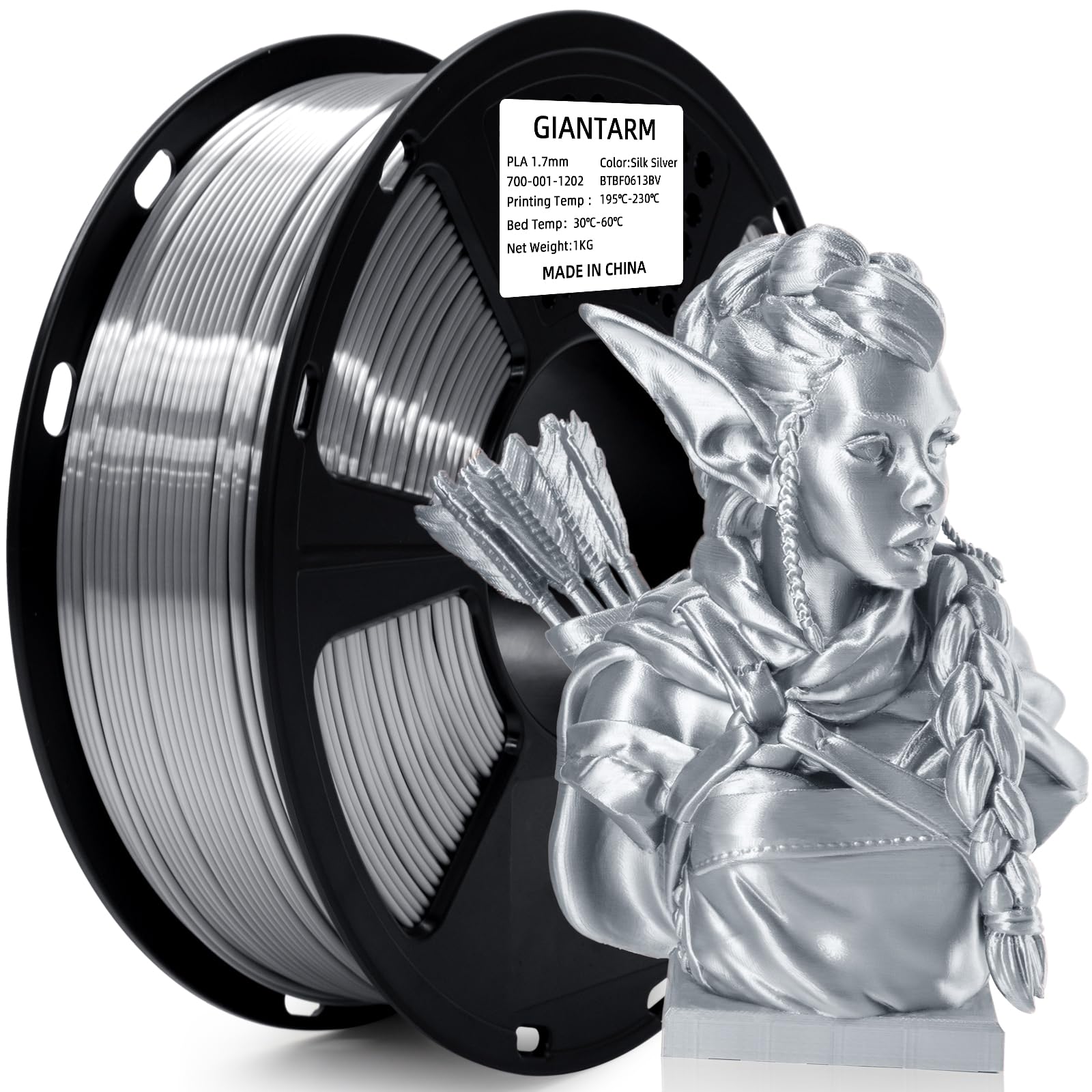 Photo 1 of GIANTARM Silk Metallic Silver PLA 3D Printer Filament 1kg Spool, 1.75mm Dimensional Accuracy +/-0.03mm, 1080 Feet per Roll, Vacuum Packaging