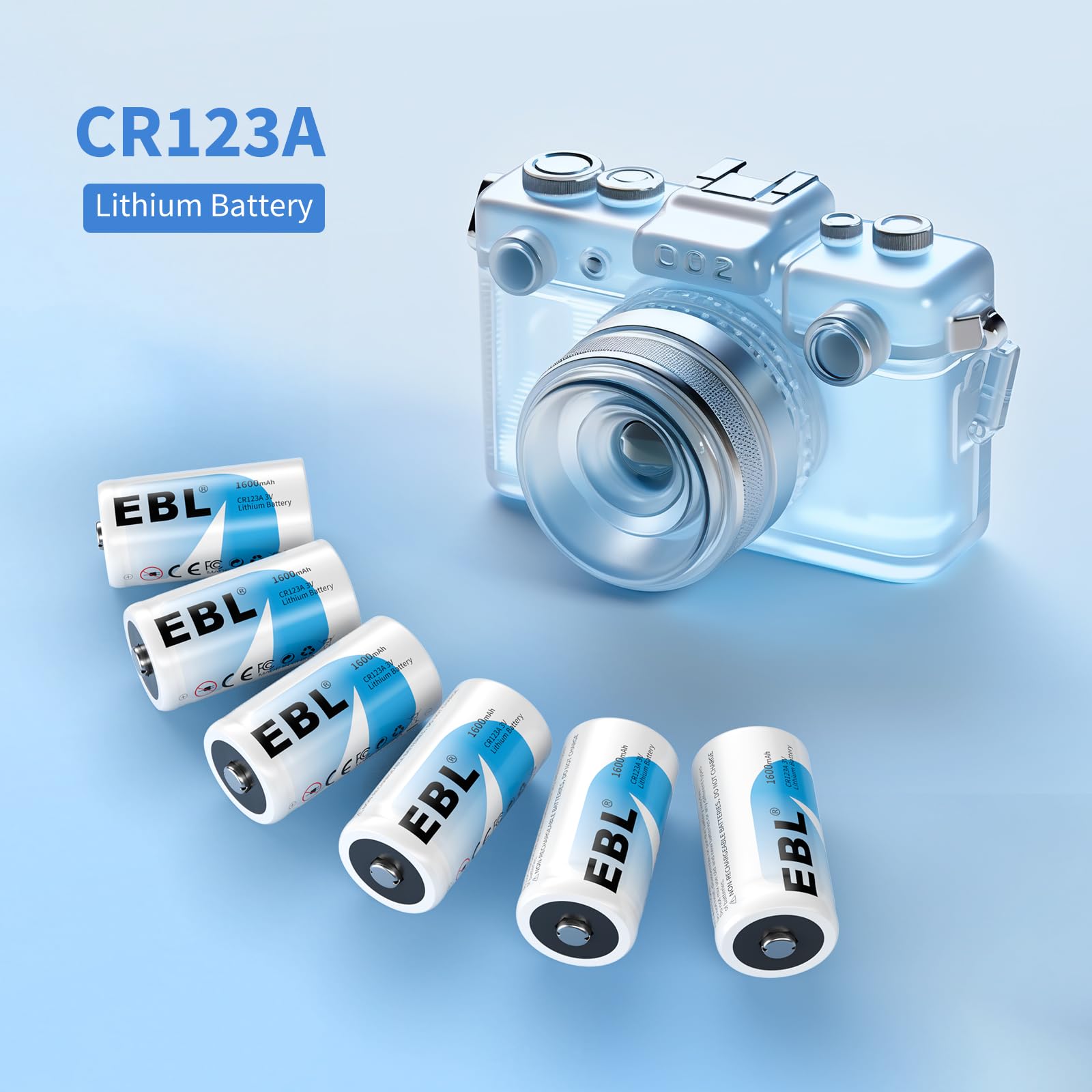 EBL CR123A Battery 6 Count, 123A 123 3V Lithium Batteries 1600mAh High Power, 10 Years Shelf Life