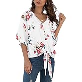 VIISHOW Womens Tie Front Chiffon Blouses V Neck Batwing Short Sleeve Summer Tops Shirts