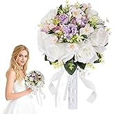 Qeedy Wedding Bouquet for Bride – 8 Inch Artificial Silk Roses, Realistic Bridal & Bridesmaid Bouquet for Ceremony, Church, Anniversary, and Home Décor (White & Purple)