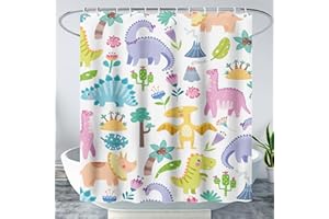 AILONEN Kids Kawaii Dinosaur Shower Curtain for Bathroom,Cute Kawaii Floral Dinosaur Bath Curtain,Colorful Waterproof, 72" W x 72" H