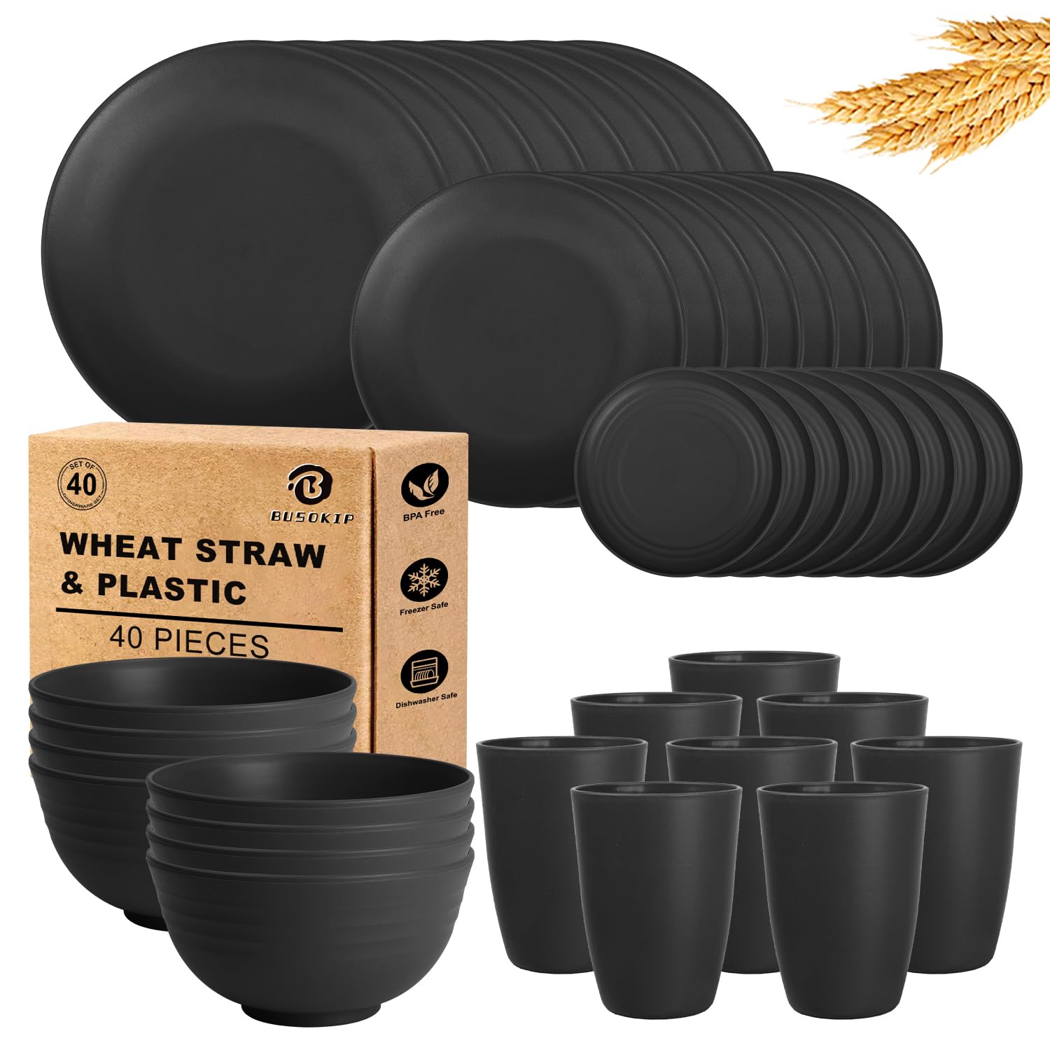 Photo 1 of BUSOKIP Wheat Straw Dinnerware Sets 40 PCS- Unbreakable Dishes Set for 8, Dishwasher and Microwave Safe Plates and Bowls Sets, Reusable Plastic Plates, Bowls, Drinking Cups for Camping, Party - Black