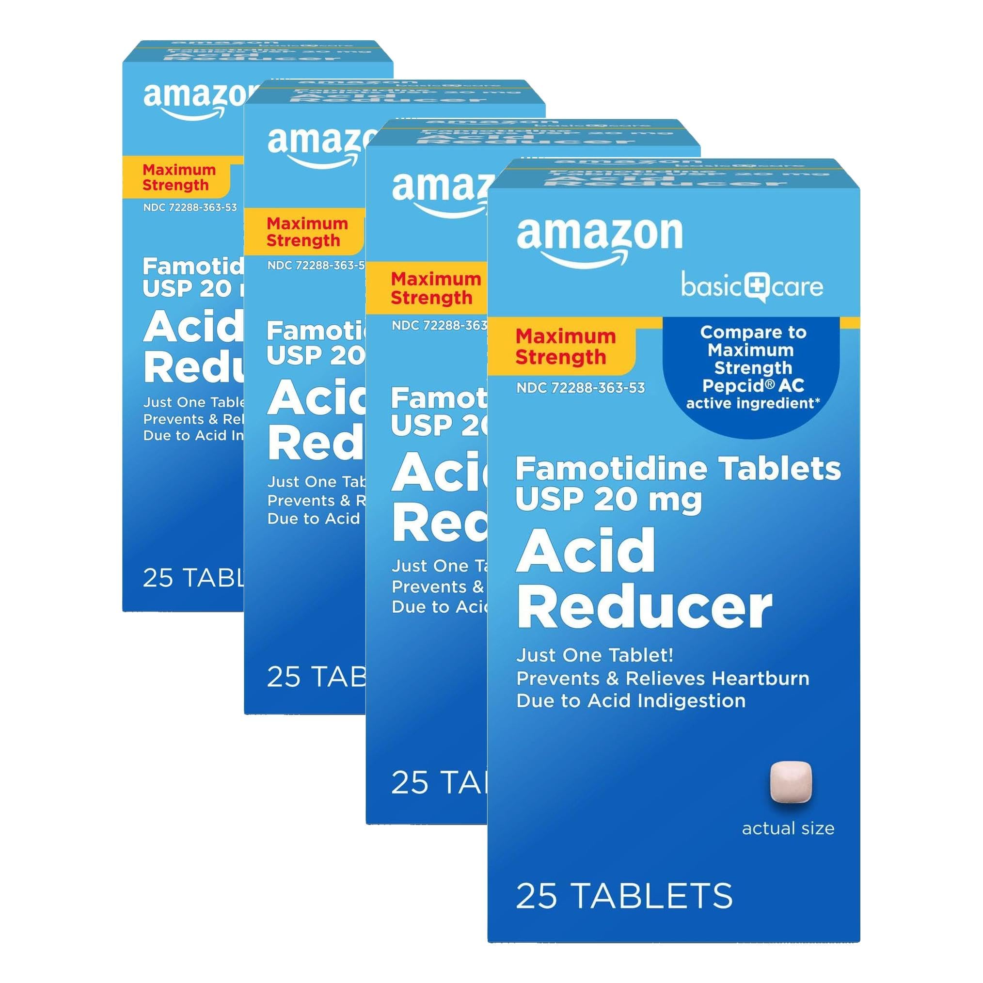 Amazon Basic Care Maximum Strength Famotidine Tablets 20 mg, Acid Reducer for Heartburn Relief, 25 Count (Packaging May Vary) (Pack of 4)