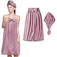 KOIKEY Women Microfiber Bath Towel Wrap - Adjustable Soft Body Wraps Dress with Hair Towel for Shower After Body and Head Cover, Super Absorbent to Quick Drying Hair and Body, Purple