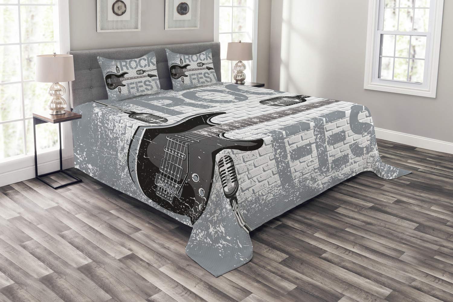 ABAKUHAUS Rock Music Bedspread Set, Guitar on Brick Wall, Decorative Quilted 3 Piece Coverlet Set with 2 Pillow Shams, Grey Black