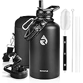 RAYMYLO Insulated Water Bottle 64 oz, Triple Wall Vacuum Stainless Steel (Cold for 48 Hrs), Leak Proof & Non-BPA, Half Gallon Water Flask Jug with Paracord Handle & Straw Spout Lids, Magic Black