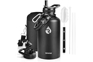 RAYMYLO Insulated Water Bottle 64 oz, Triple Wall Vacuum Stainless Steel (Cold for 48 Hrs), Leak Proof & Non-BPA, Half Gallon Water Flask Jug with Paracord Handle & Straw Spout Lids, Magic Black