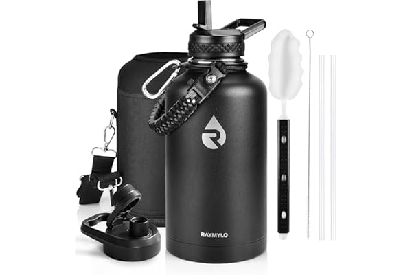 RAYMYLO Insulated Water Bottle 64 oz, Triple Wall Vacuum Stainless Steel (Cold for 48 Hrs), Leak Proof & Non-BPA, Half Gallon Water Flask Jug with Paracord Handle & Straw Spout Lids, Magic Black