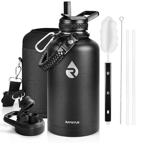 RAYMYLO Insulated Water Bottle 64 oz, Triple Wall Vacuum Stainless Steel | (Cold for 48 Hrs), Leak Proof & Non-BPA, Half Gallon Water Flask Jug with Paracord Handle & Straw Spout Lids