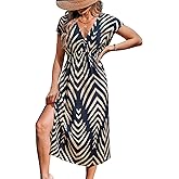 CUPSHE Women Swimsuit Cover Up Midi V Neck Short Sleeve Tropical Beach Coverup Dress