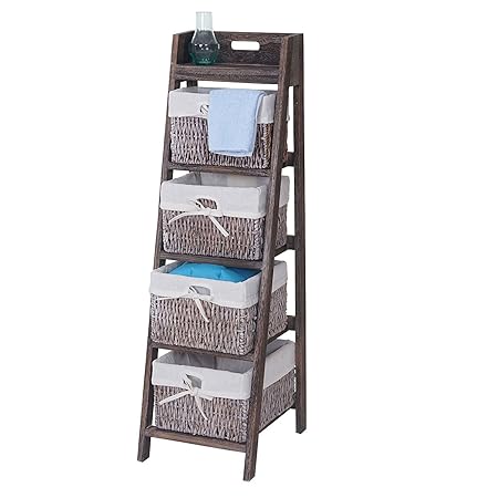 Mendler Leiterregal Goiana, Regal Standregal mit 4 Korbschubladen 101x30cm, Shabby-Look, Vintage ~ braun