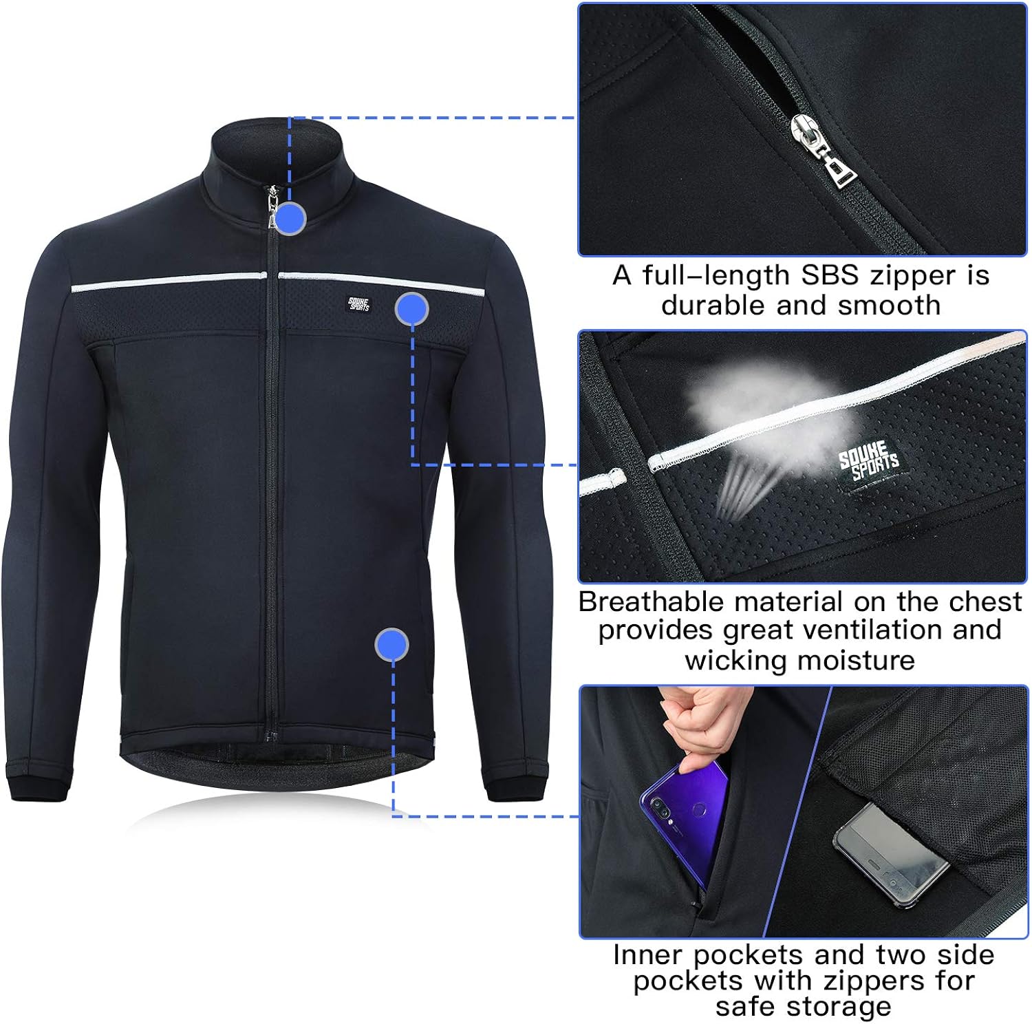 Souke Sports Men's Winter Cycling Jacket, Windproof Water Resistant Thermal Windbreaker: Clothing