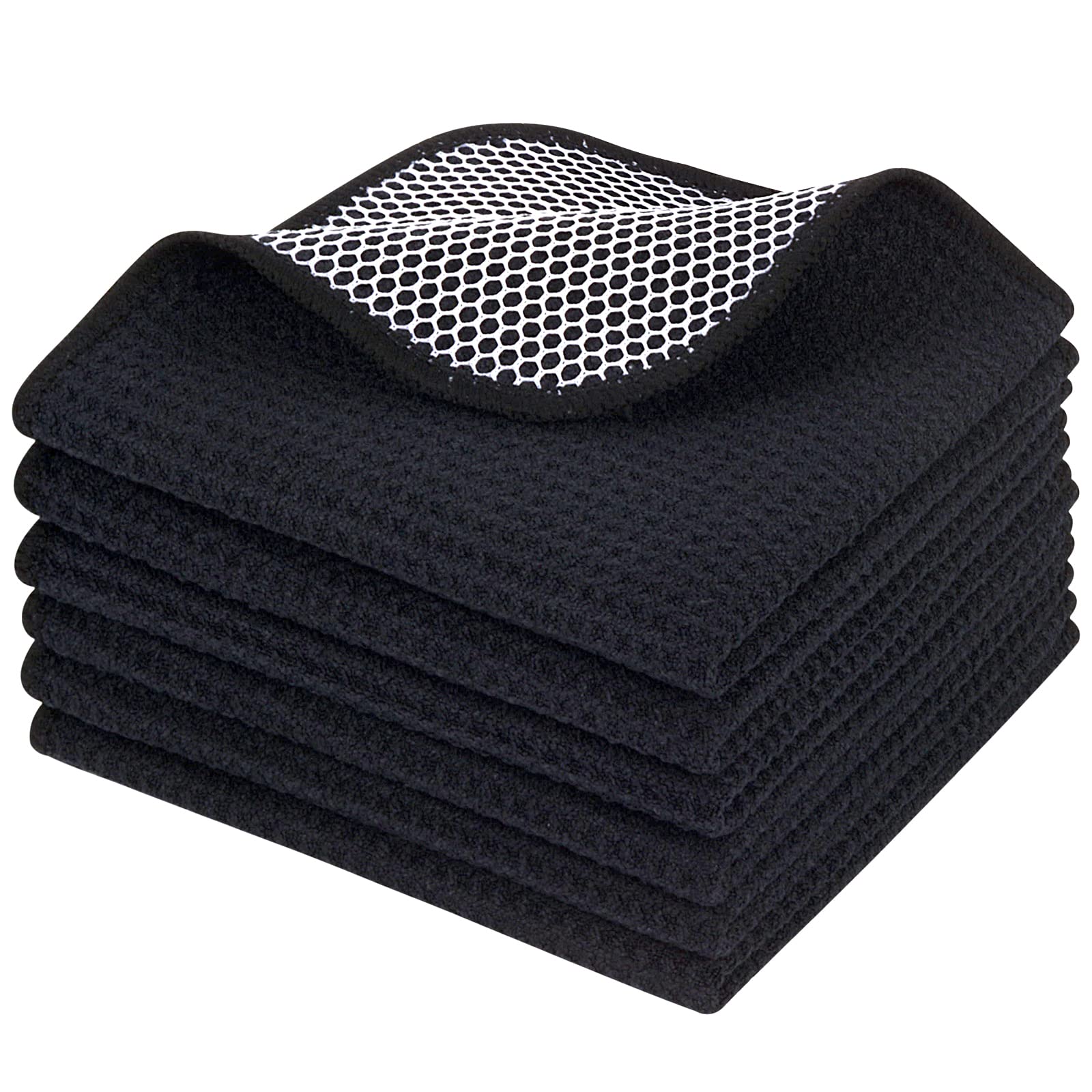 KinHwa Microfiber Dish Cloths for Washing Up Drying Towels Waffle Kitchen Cleaning Cloths with Poly Scour Side 12 Inch X 12 Inch 6pack Black