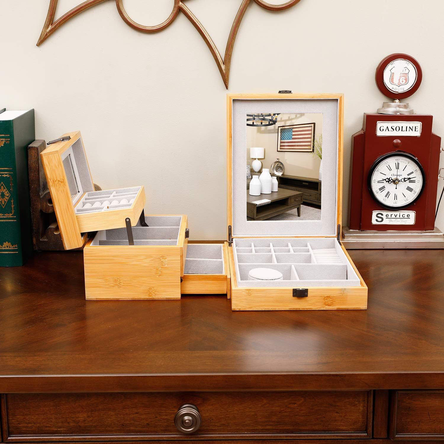 Bamboo Jewelry Box Organizer for women Watch Storage 3 Layers Jewelry Organizer Storage Display Case Gift for Mom Girlfriend: Home Improvement