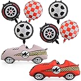Yimen Race Car Balloons - Red and White Checkered, Black Wheel, Racing Theme Birthday Party Decorations