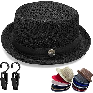 Summer Breathable Mesh Pork Pie Hat, Lightweight Foldable Straw Fedora Sun Hat for Men, Packable Beach Travel Golf Cap
