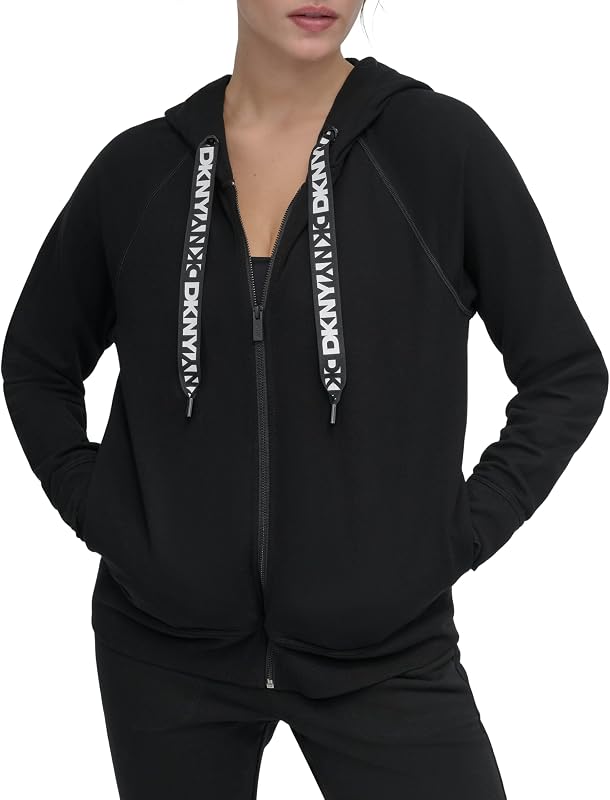 Sweat à Capuche zippé en Polaire avec Cordon de Serrage pour Femme, Noir, Medium