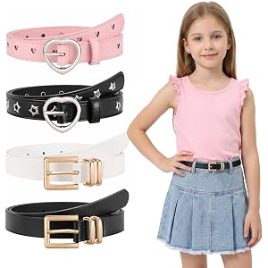 4 Pcs Kids Belts for Girls PU Leather Girls Belt for Dress Pants Uniform | Multiple Styles Girls Belts with Heart/Square/Roun