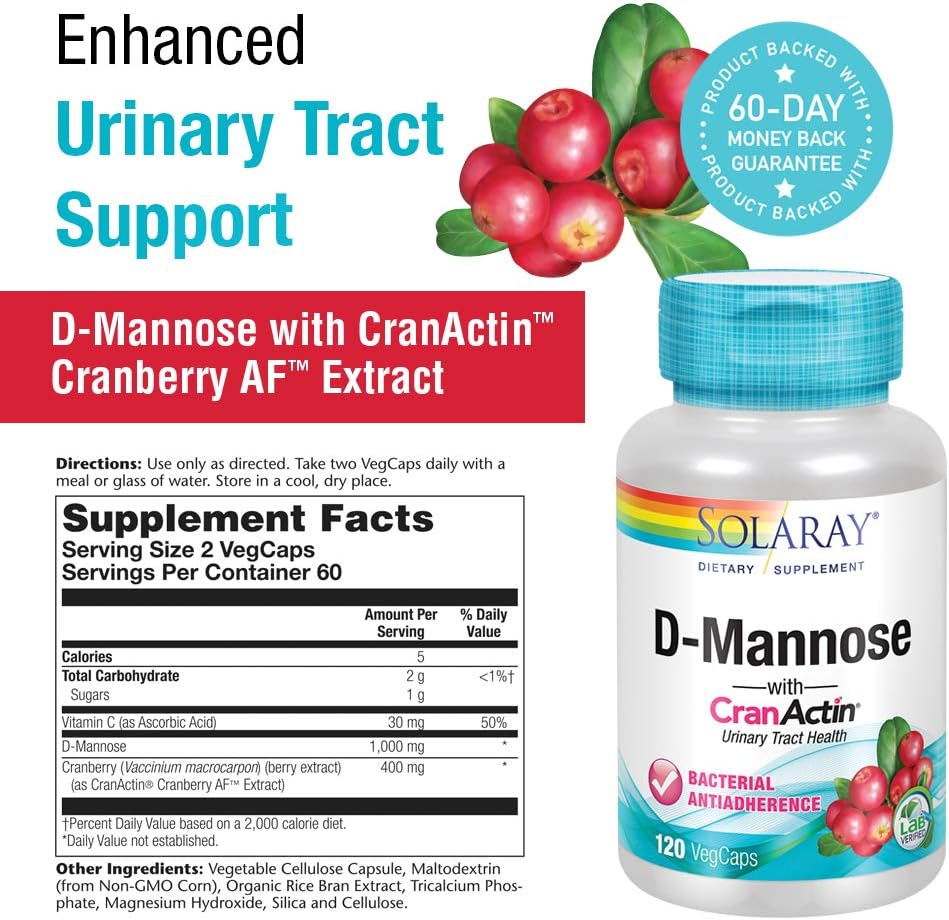 Solaray D-Mannose w/CranActin Cranberry Extract 1000mg w/VIT C | Healthy Urinary Tract Support (120 CT): Health & Personal Care