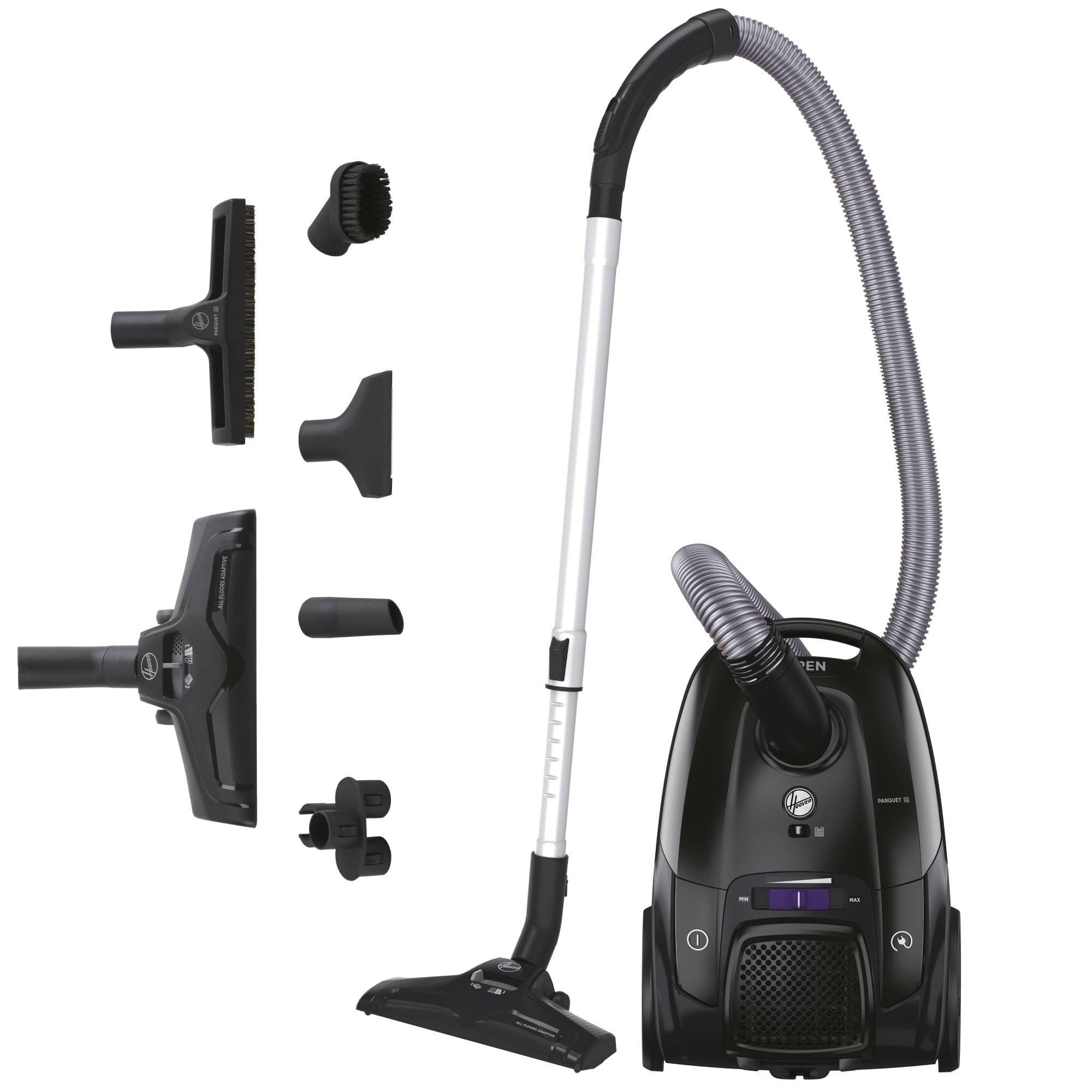 Hoover Telios Bodenstaubsauger für Hartböden & Teppiche, kompakt, leise 69dBA, 3,5L Staubbeutel, EPA12-Staubfilter, Parkettdüse, integriertes Zubehör, 9,6m Arbeitsradius [TXLZ72HM]