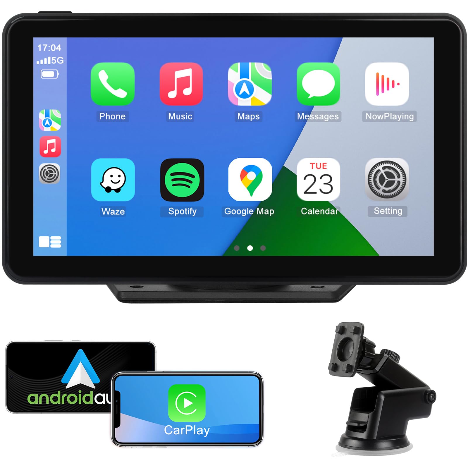 Wireless Apple CarPlay Android Auto Screen for Car, 7" HD Touch Screen Car Stereo Portable Live Navigation Car Play Mirror Link Music Video Player Siri/AirPlay/AUX/FM/Radio