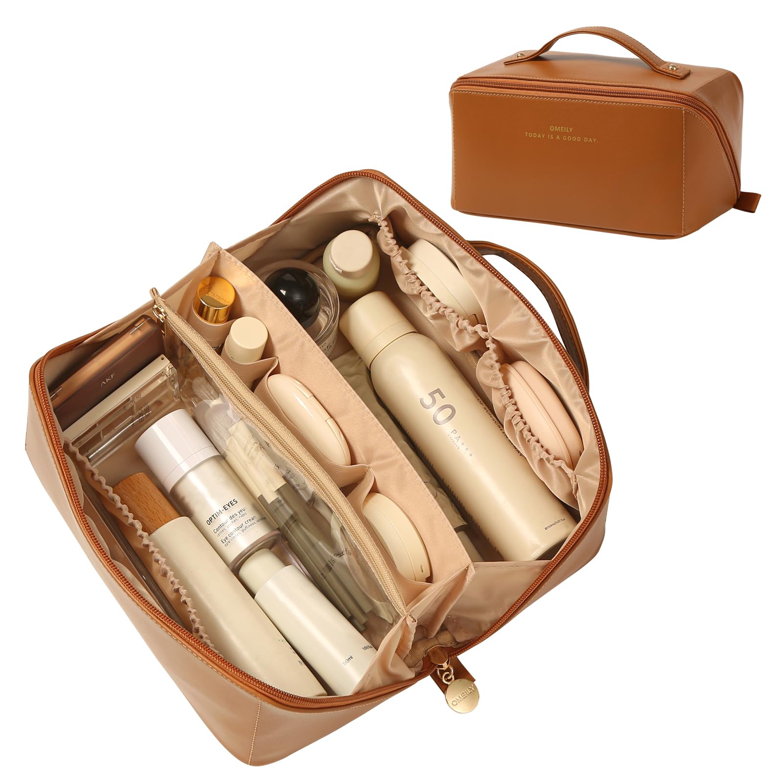Photo 1 of Omeily Travel Makeup Bag Organizer Countertop Case Toiletry Bag Cosmetic Bag for Women Vanity Storage Bathroom Counter Skincare Organizers Pouch with Divider and Handle Travel Essentials Gift for Girl