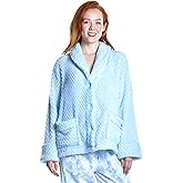 LA CERA Women's Fleece Bed Jacket - Stylish Notched Collar, Long Sleeves, Front Pockets, Button Front, Machine Washable