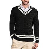 Kallspin Mens V Neck Sweater Pullover Pure Cotton Cable Knit Preppy College Style Knitwear Long Sleeve
