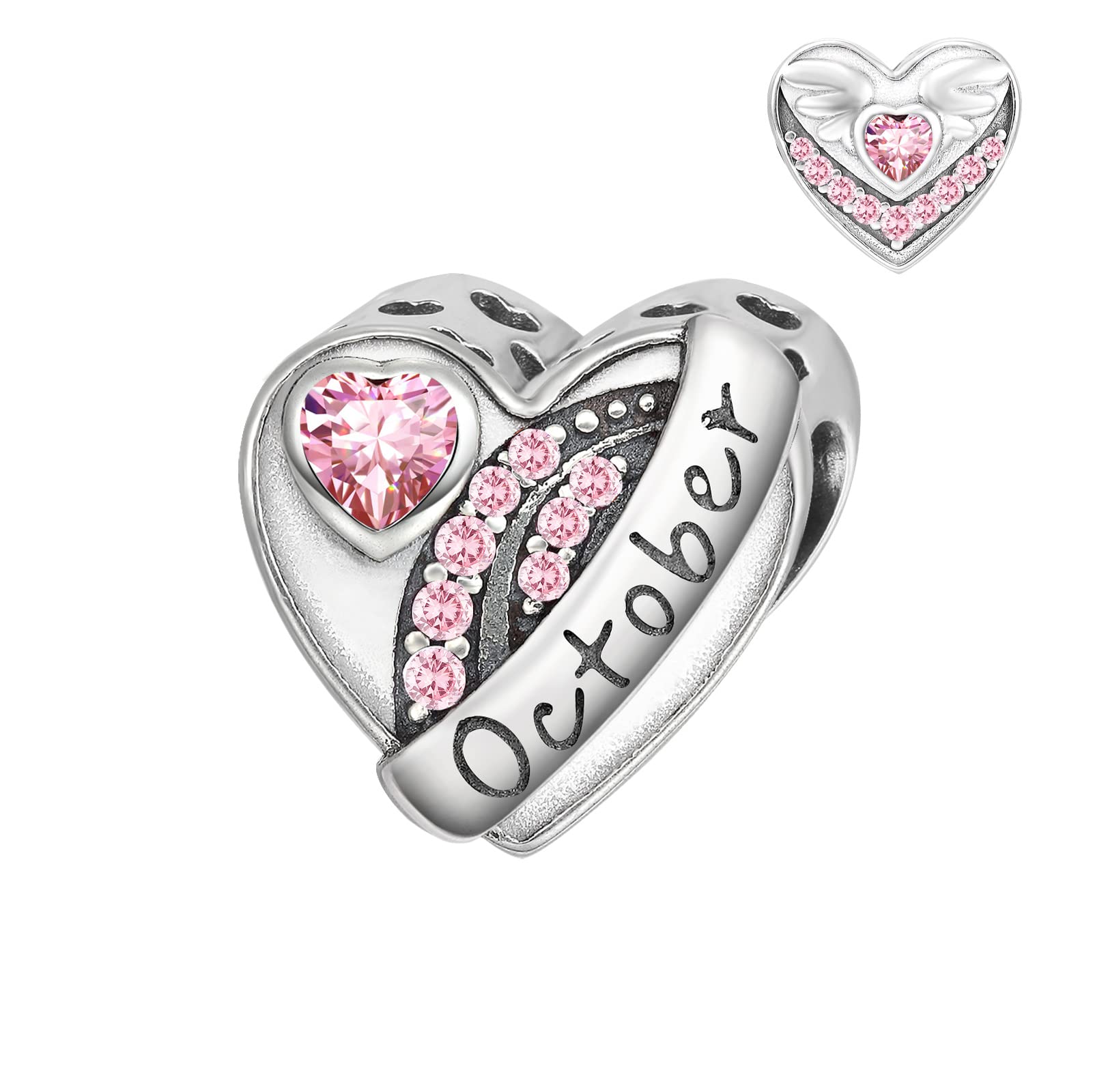 Qings October Birthstone Charms for Bracelet Sterling Silver 925 Love Heart Tourmaline Birth Stone Angle Wing Cubic Zirconia Bead Charm Fit for Bracelets Necklace Christmas Jewellery Gifts for Women
