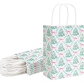 Whaline 24 Pcs Christmas Paper Gift Bags with Handle Pink Bow Xmas Tree Goodie Candy Treat Bags for Winter Holiday Wedding Birthday Baby Shower Party Favors Housewarming Gifts