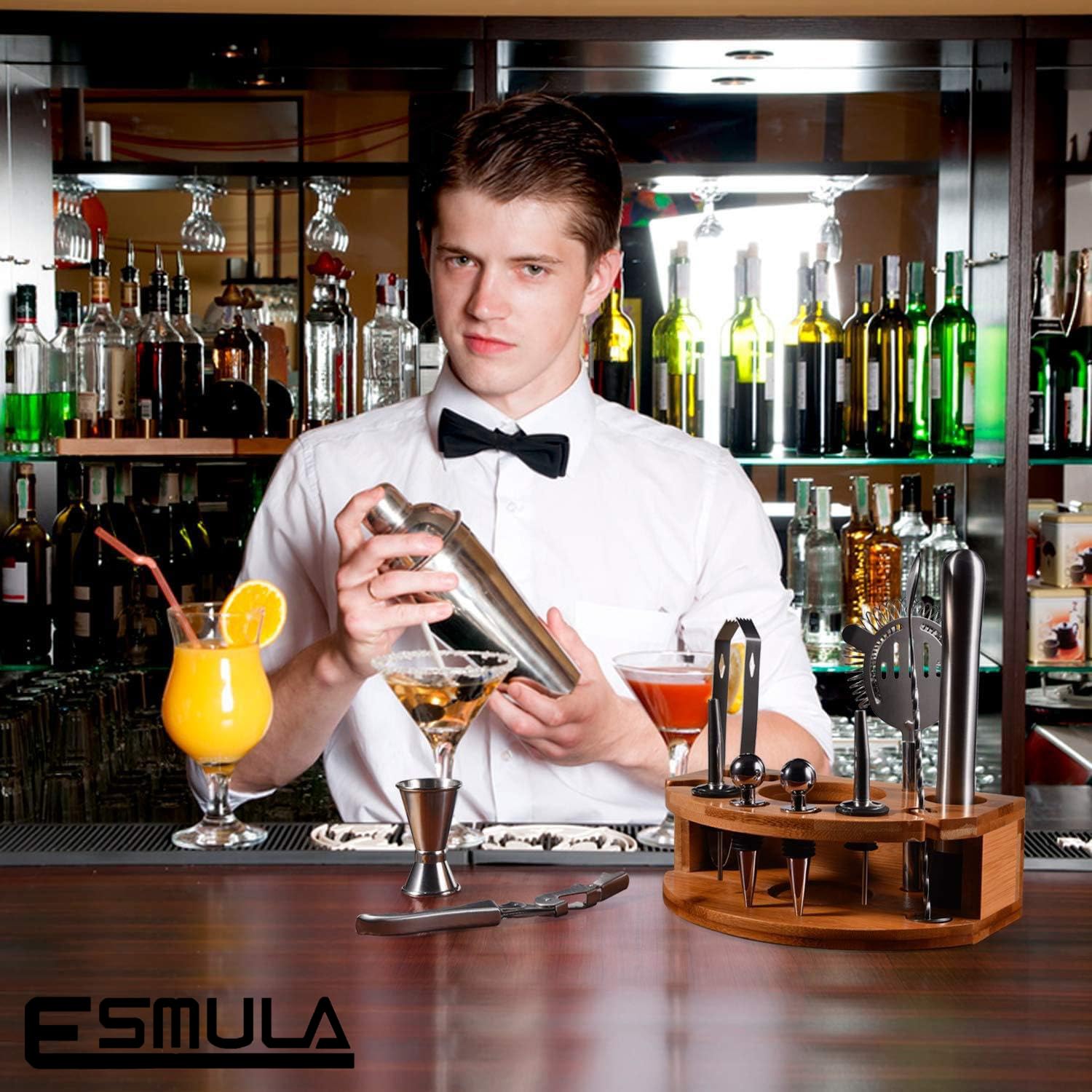 Esmula Bartender Kit with Stylish Bamboo Stand, 12 Piece 25oz Cocktail Shaker Set for Mixed Drink, Professional Stainless Steel Bar Tool Set, Gift for Man Dad- Cocktail Recipes Booklet (Silver) - Image 6