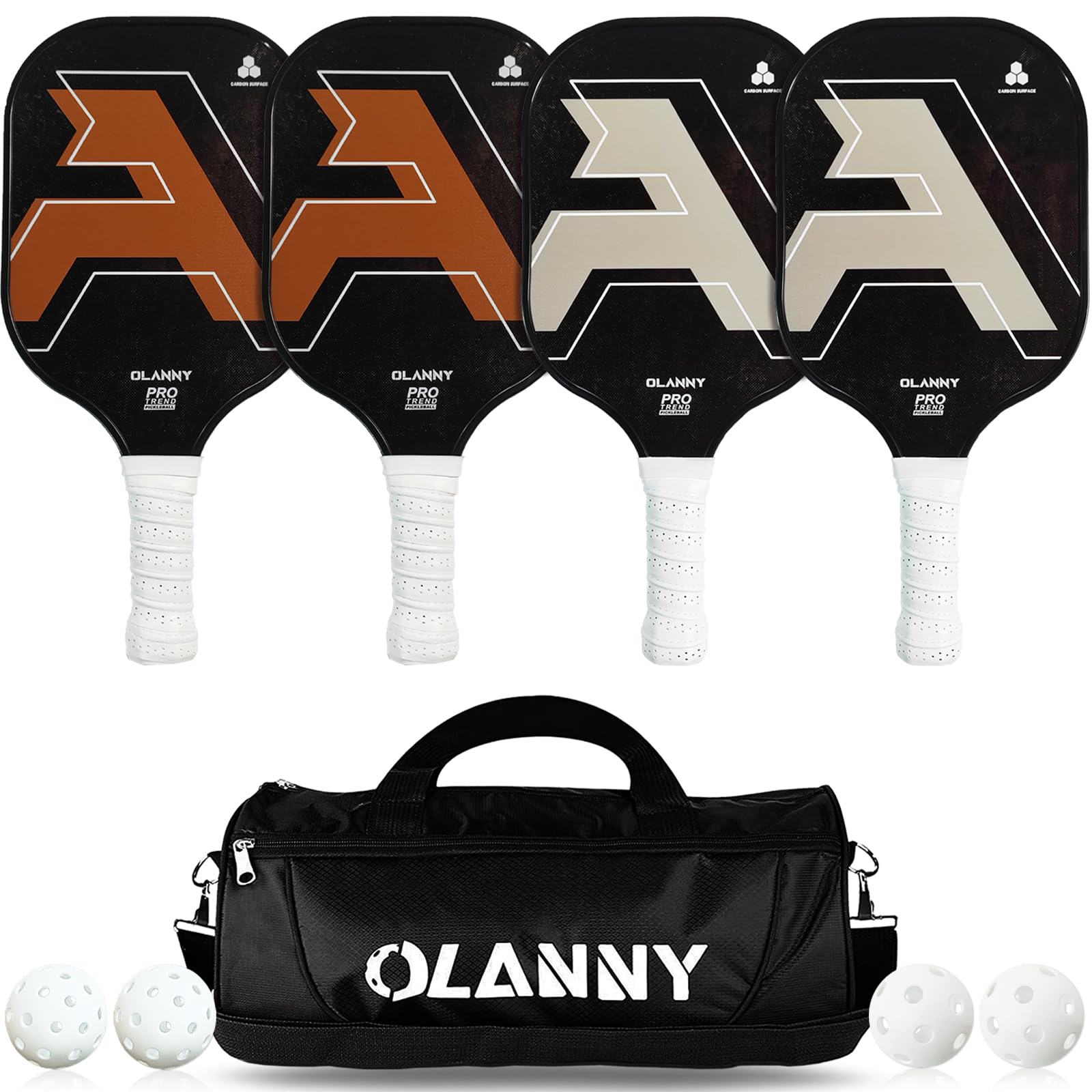 Photo 1 of OLANNY Pickleball Paddles Letter A- Premium Rackets Face & Polymer Honeycomb Core includes 4 Pickleball Paddles+ 2 Indoor Balls+ 2 Outdoor Balls+ 1 Portable Carry Bag