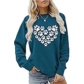 Sunidol Womens Dog Mom Sweatshirts Cute Dog Paw Print Heart Graphic Long Sleeve Crewneck Casual Tee Tops