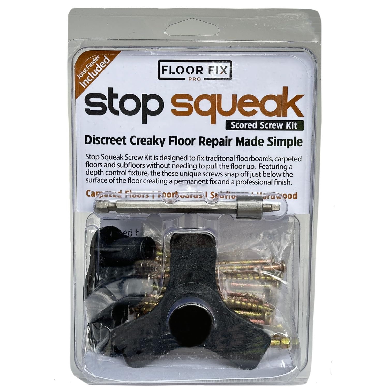 Floor-Fix Pro - Squeaky Floor Repair Kit - Easy Invisible Fix for Stairs & Carpeted Wood Floors - Includes Joist Finding Tools & Scored Screws - Made in USA