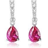 Amazon Essentials Platinum Over Sterling Silver Ruby and 0.1 Carat Total Weight Lab Grown Diamond Pear Linear Tear Drop Earrings
