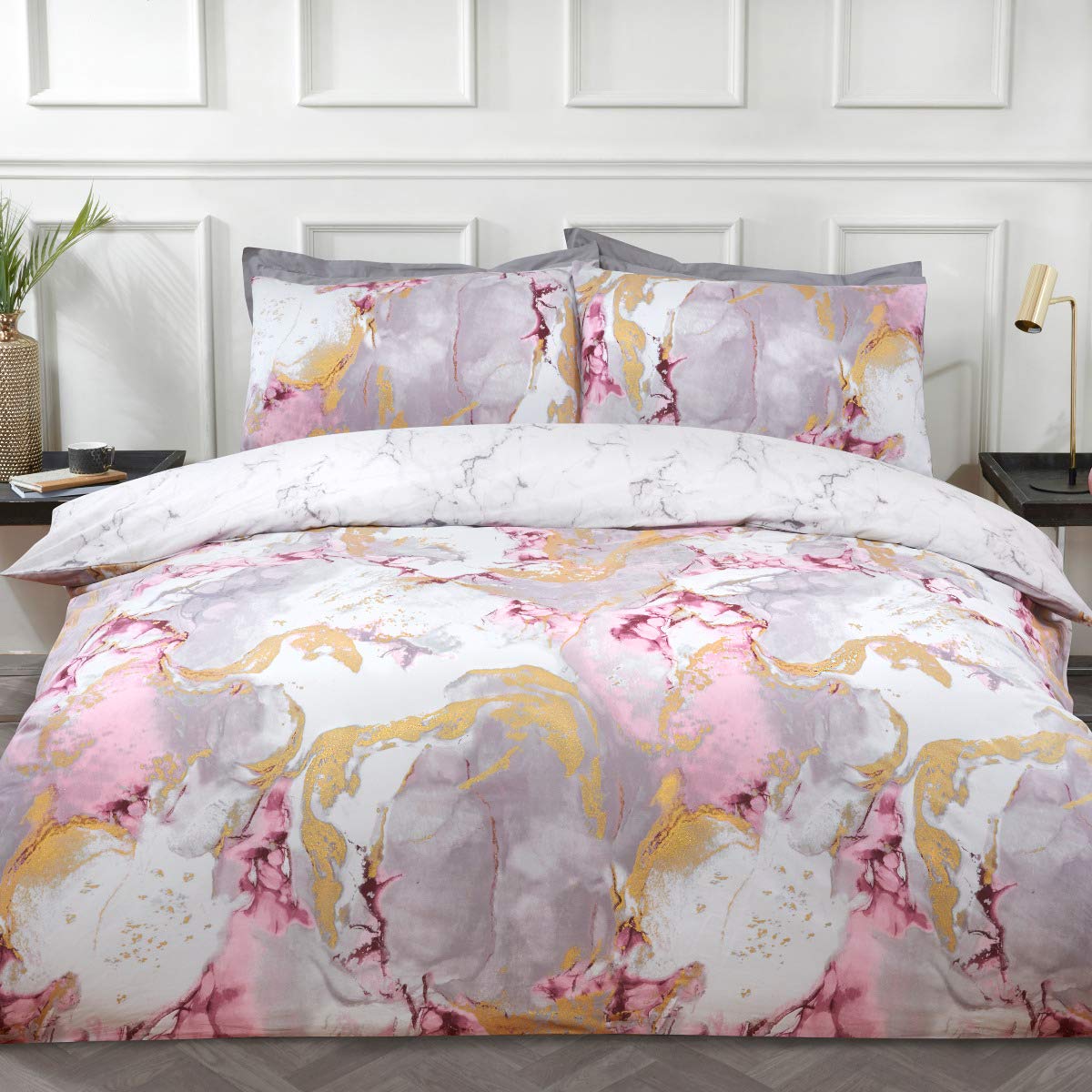 Sleepdown Duvet Cover Set - Blush Pink White - Metallic Marble Sparkle Glitz – Abstract Reversible Quilt Cover Easy Care Bed Linen Soft Cosy Bedding Sets with Pillowcases - King (220cm x 230cm)