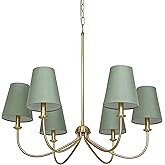 Homebelife Gold Chandelier, Brushed Brass with Green Fabric Shade, 6-Light 28" Modern Farmhouse Linear Pendant Lighting Fixtu