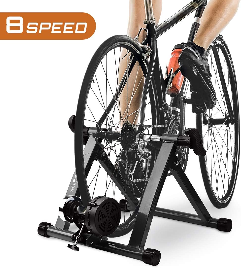 HEALTH LINE PRODUCT Bike Trainer Stand, Indoor Magnetic Bicycle Exercise Trainer Quiet Noise Reduction Stationary Bike Stand w Wider 8 Levels Resistance/Quick Release and Front Wheel Block