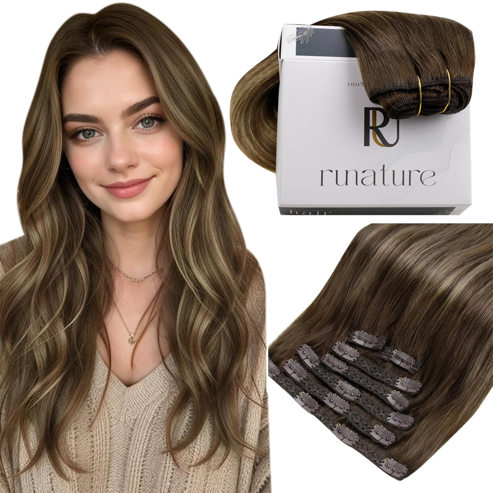 RUNATURE Ombre Clip in Hair Extensions Brown Fading to Strawberry Blonde Highlight Brown Hair Clip in Extensions Straight Clip in Human Hair Extensions Real Hair 20 Inch 120g — image 1