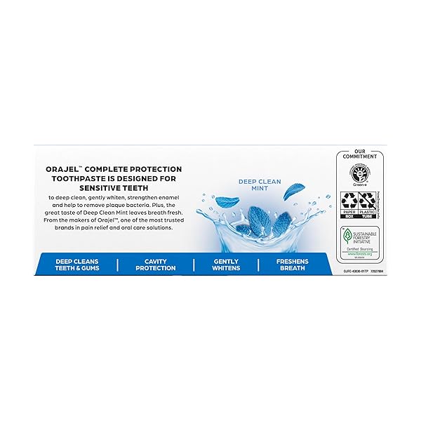 ORAJEL COMPLETE PROTECTION DEEP CLEANING SENSITIVE TOOTHPASTE, GENTLY WHITENS TEETH, ANTICAVITY FLUORIDE TOOTHPASTE FOR ADULTS, DEEP CLEAN MINT FLAVOR, 6.0 OZ (2 PACK)
