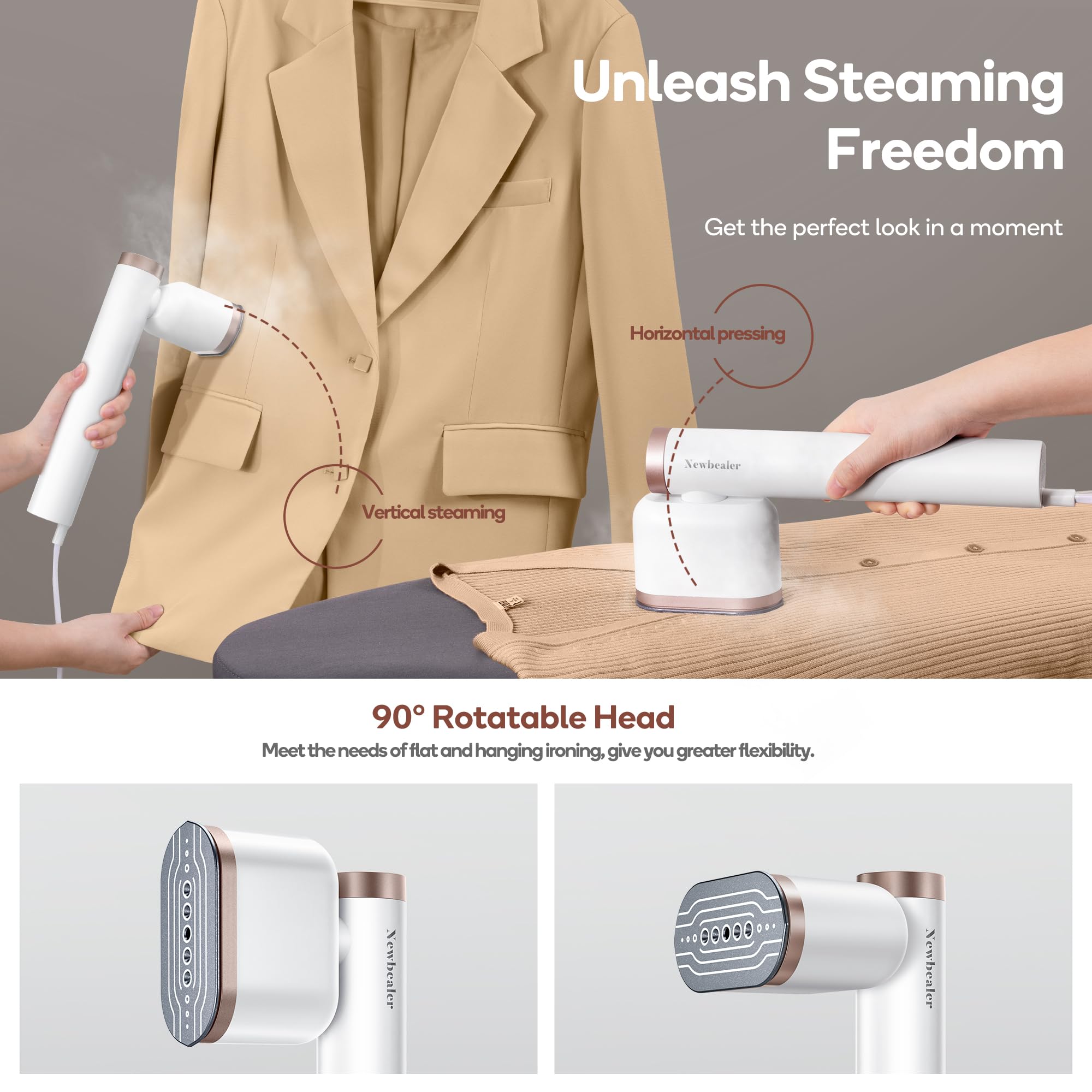 Newbealer Steam Iron for Clothes, Horizontal & Vertical Steaming, Dry Ironing with 90° Rotatable Head, 1200W, 15s Heat Up, 302℉ Handheld Clothing Steamer (120V Only)