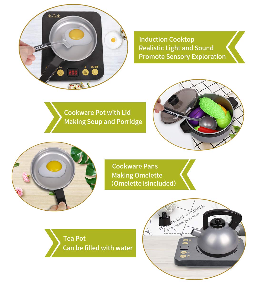 Kids Kitchen Pretend Play Set - 29Pcs Kitchen Toys Including Induction Cooker with Light Sound, Apron&Chef Hat, Cookware Utensils, Cutting Food Playset Accessories for Toddlers Girls Boy Birthday Gift