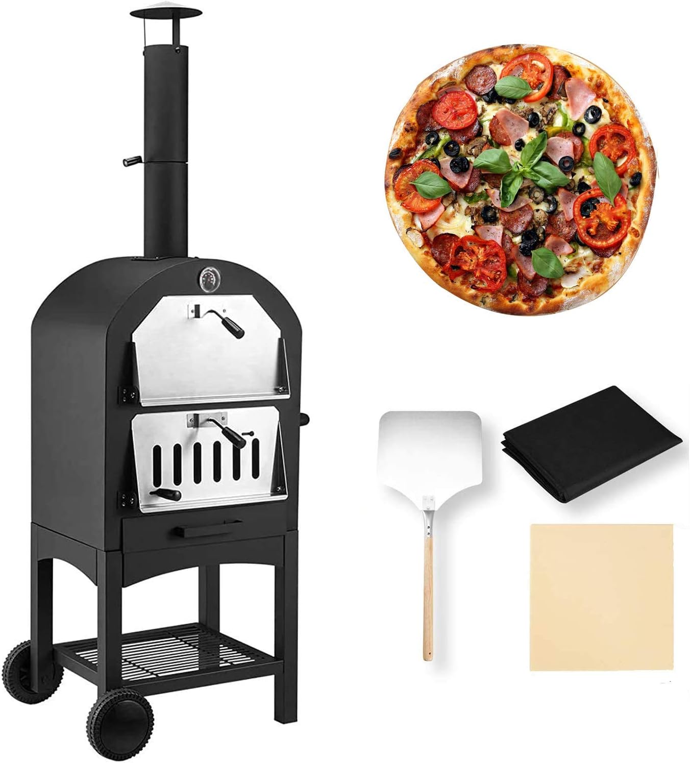 Outdoor Wood Fire Pizza Oven with Waterproof Cover and Tools, Freestanding, Steel
