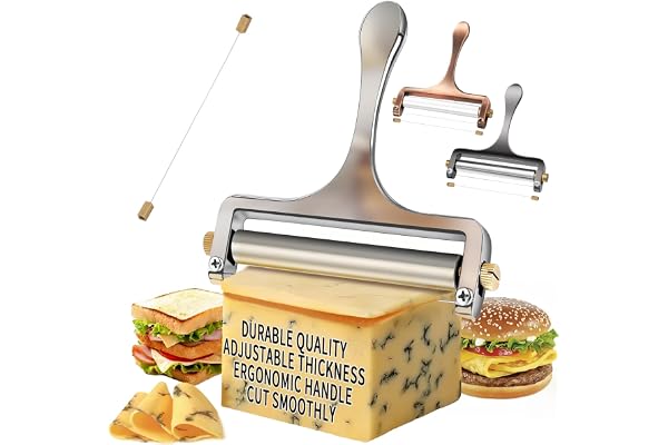 TOPULORS Wire Cheese Slicer Stainless Steel Handheld Cheese Cutter for Mozzarella, Cheddar, Gruyere - with 1 Extra Wire - Adj