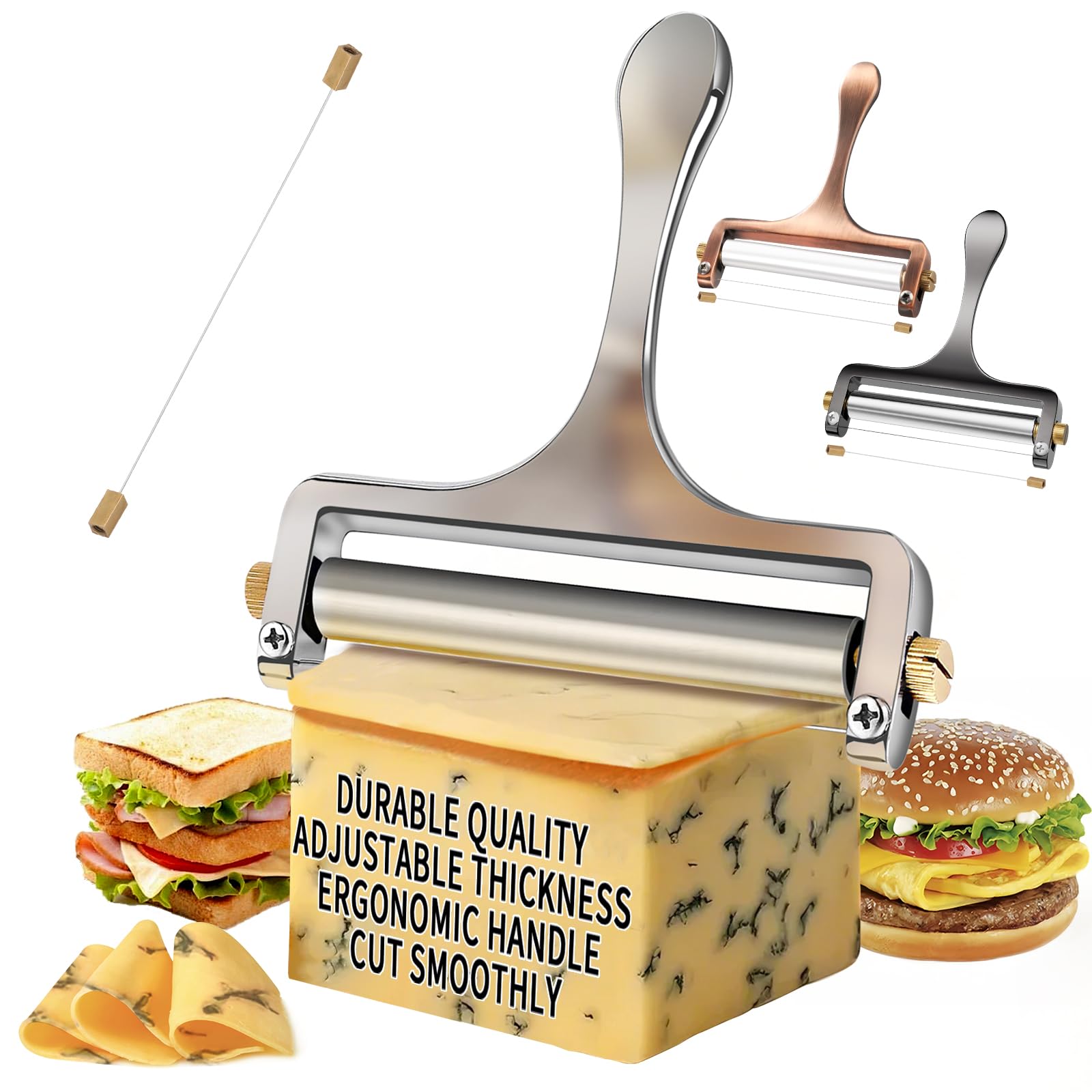 Photo 1 of TOPULORS Wire Cheese Slicer Stainless Steel Handheld Cheese Cutter for Mozzarella, Cheddar, Gruyere - with 1 Extra Wire - Adjustable Thickness Cheese Shaver Cheese Slicers for Block Cheese (Silver)